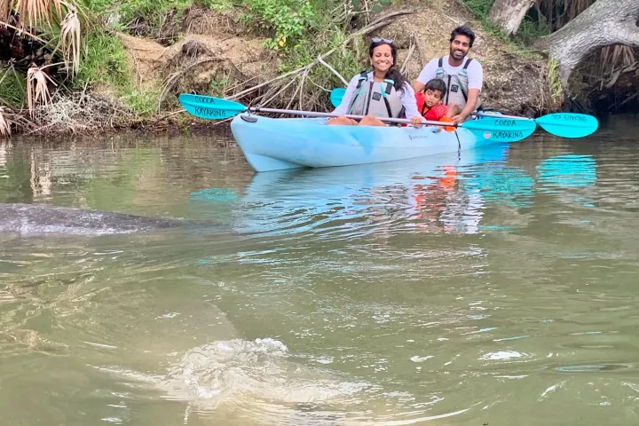 a group of people riding on the back of a boat in the water