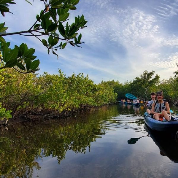 a boat floating along a river next to a body of water