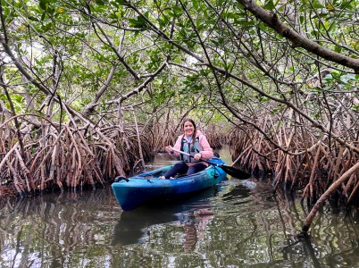 a person riding on the back of a boat next to a tree