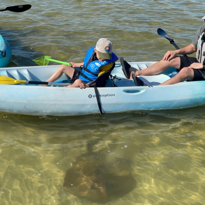 a group of people riding on the back of a boat in the water