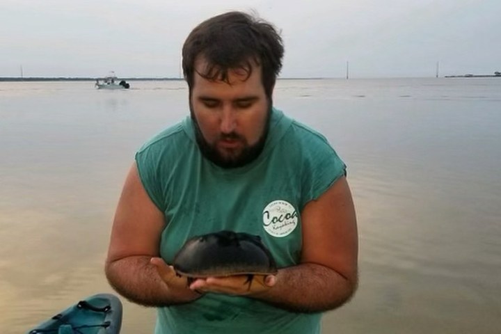 a man holding a fish on a boat in a body of water