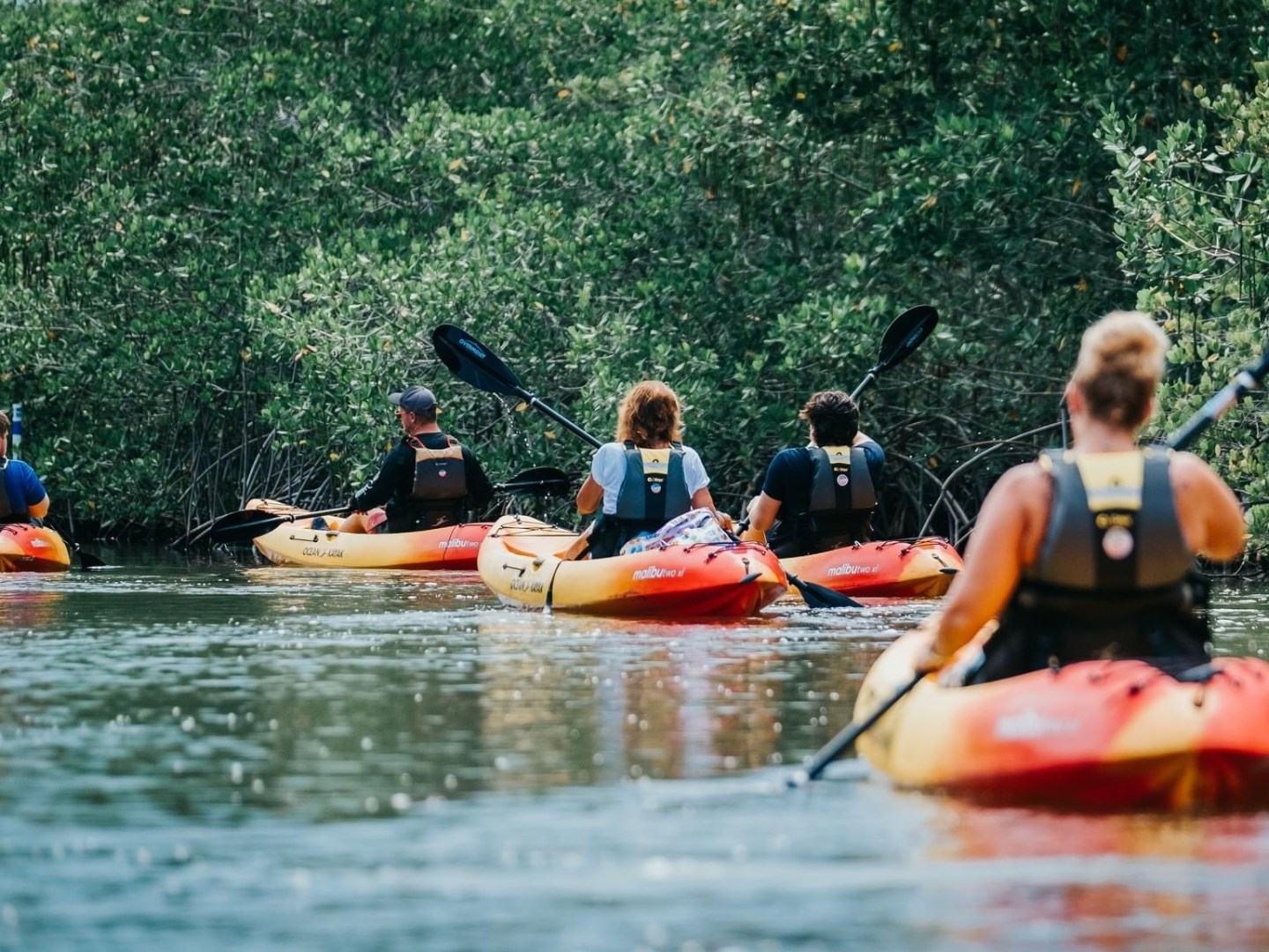 a group of people riding on the back of a boat in the water