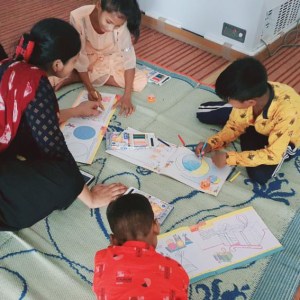 a small child sitting on a bed