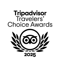 TC_white_BF Logo_L_2025_RGB Tripadvisor Travelers' Choice Awards 2025 logo with an owl and laurel wreath.