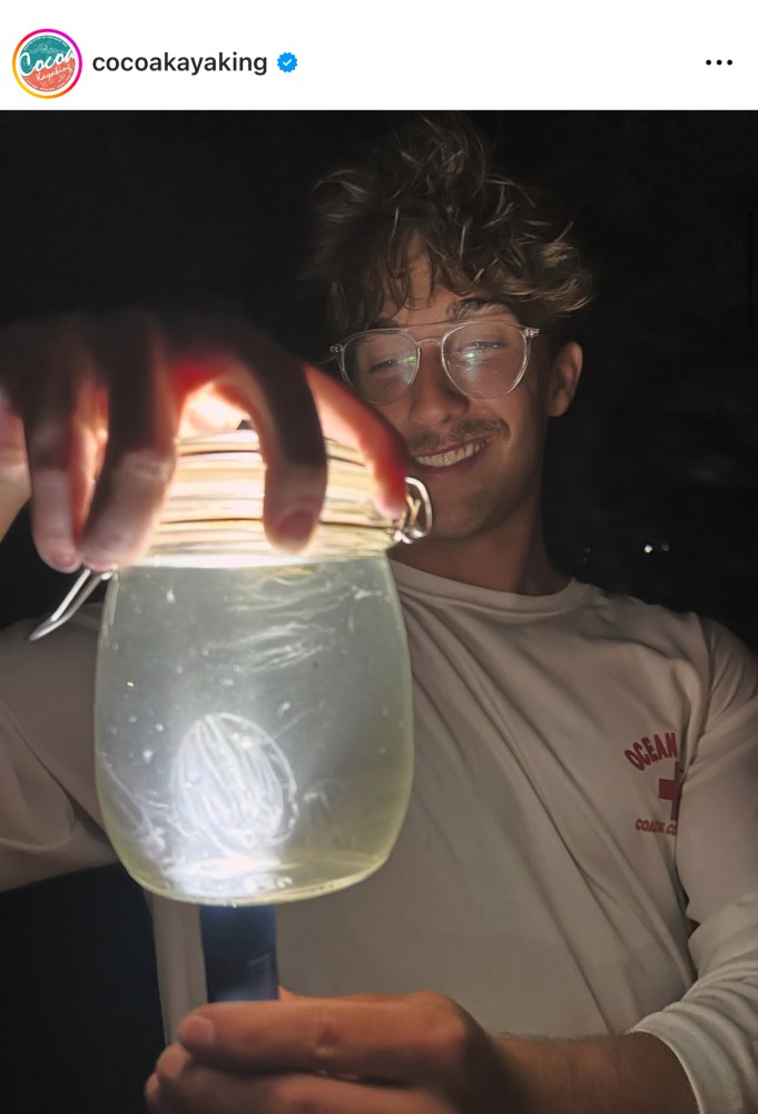 Person holding a glowing jar with a jellyfish inside at night.