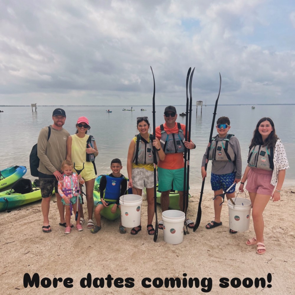 Group of seven people on a beach with kayaks, life vests, and gear. Text reads 'More dates coming soon!'