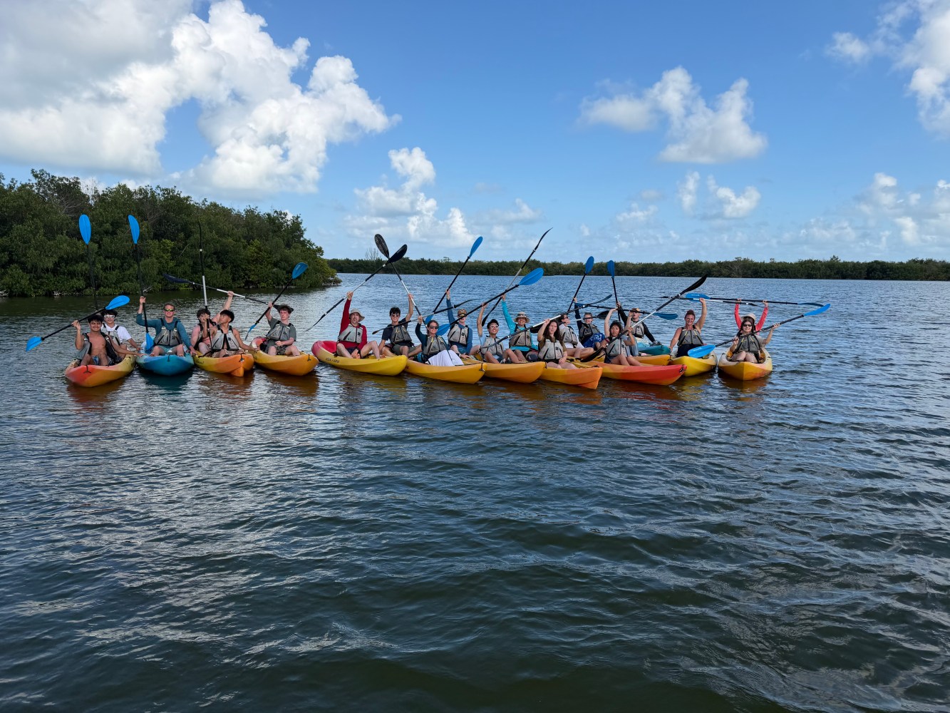 Line of kayakers raising paddles on a sunny lake.