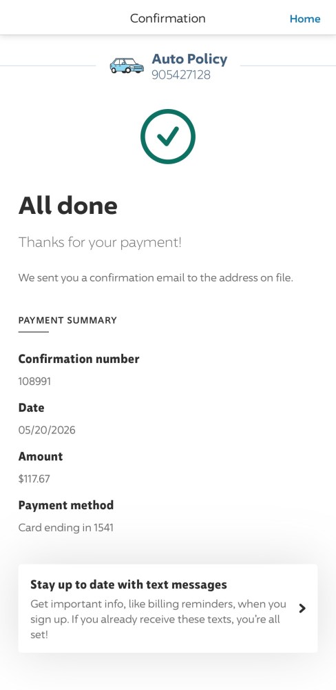 Payment confirmation with policy details and text alerts offer.
